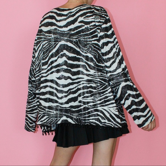 VTG y2k Zebra Print Lamé Beaded Hem Shirt Jacket - Picture 4 of 11